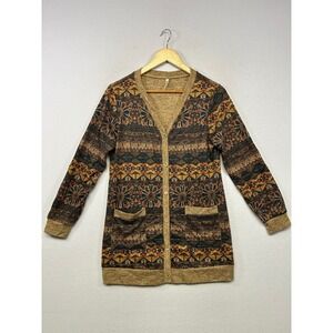 Boho Southwestern GRECERELLE Womens Medium Tan Geometric Floral Long Cardigan